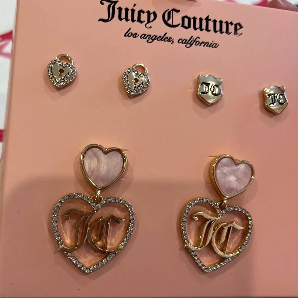 Juicy Couture Set of 3 Earrings (JC Hearts, Shields and Keyholes) New in Box - Picture 3 of 16